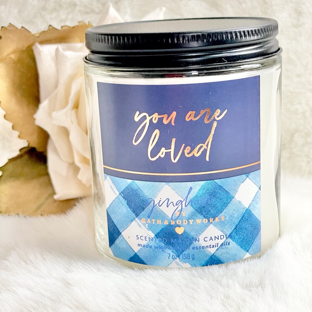 New with tags GINGHAM “ YOU ARE LOVED” Scented MASON CANDLE w/ essential oils